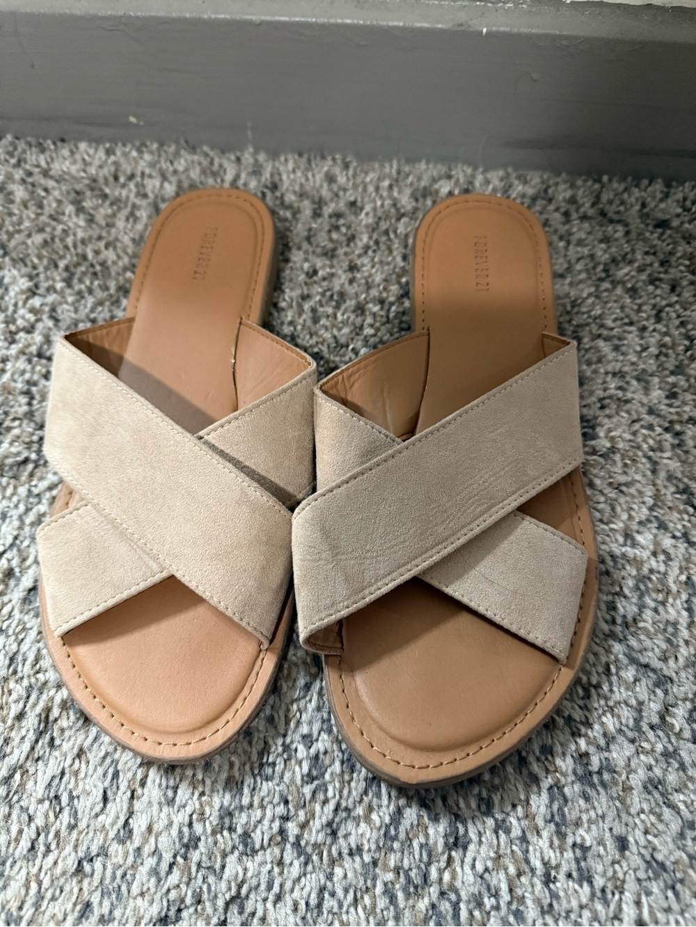 Women’s Tan Suede Cross-Band Slide Sandals